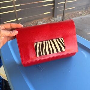 Red Leather Clutch with Zebra Print Accent